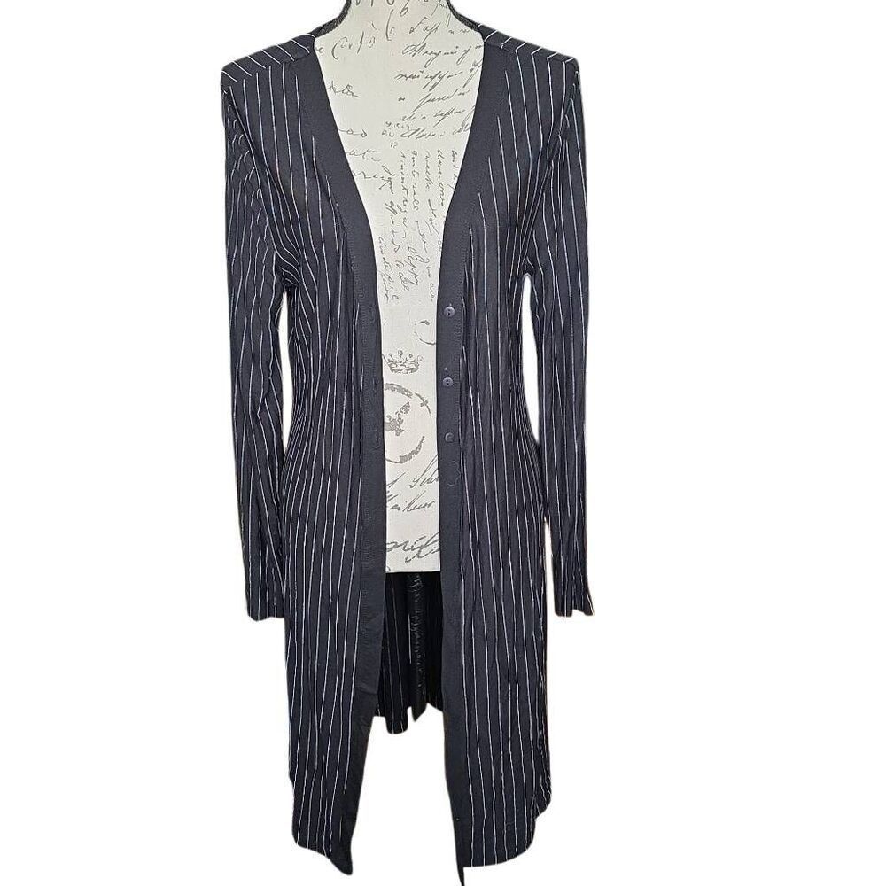 APNY Women's Size Large Black White Pinstripe Sot Knit Button Down Cardigan